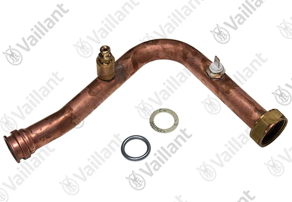 Vaillant Heizungsrohr mit gebogener Form, einer goldfarbenen Ventilkappe und zwei Dichtungen, zu sehen.